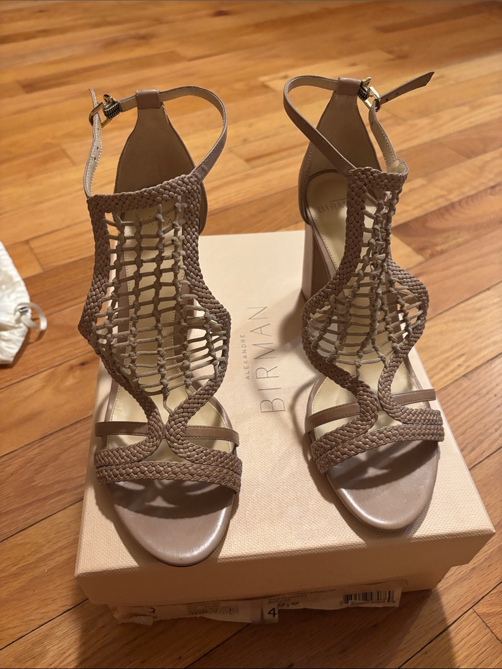Alexandre Birman Braided Taupe T-Strap High Heel Sandals